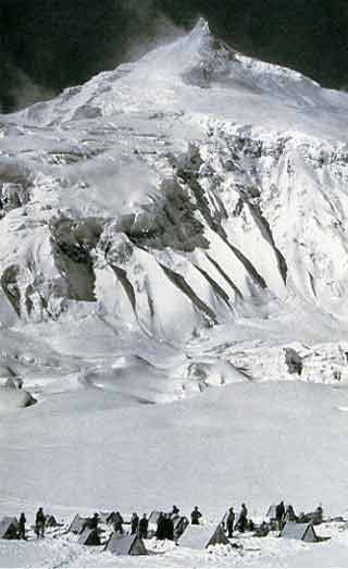 
Camp V below the Snow Apron and the East Pinnacle during the fist ascent in 1956 - Climbing The Worlds 14 Highest Mountains book 
